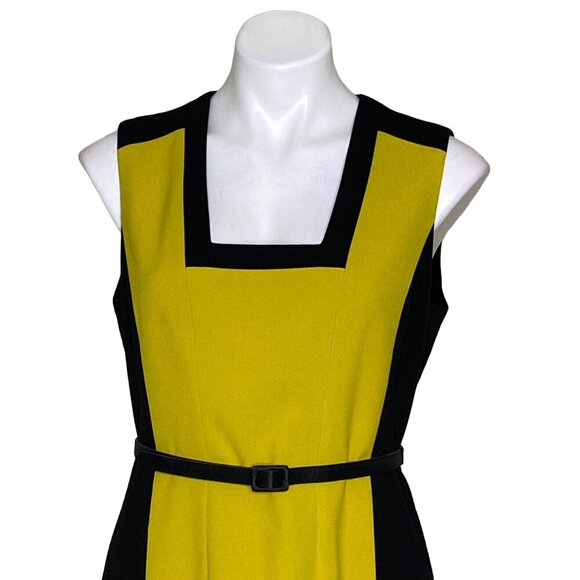 Calvin Klein Belted Colorblock Sheath Dress, Chartreuse/Black Women's Size 10 - Picture 2 of 8
